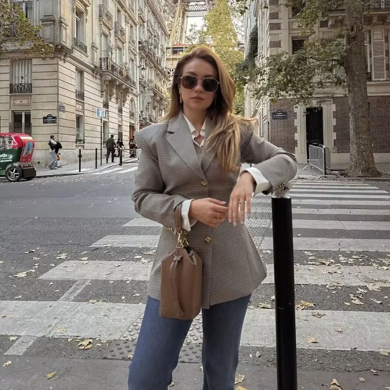 

Винтажный клетчатый костюм цвета хаки, пальто с поясом, женская тонкая куртка с лацканами и длинными рукавами на пуговицах, модная уличная женская новинка 2023 года