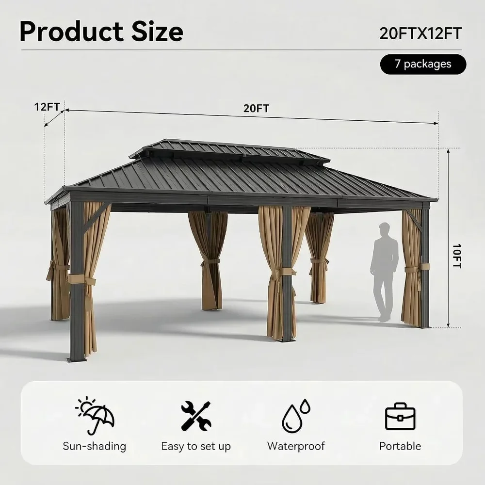12x20 Hardtop Gazebo with Galvanized Steel Double Roof, Brown, Customized