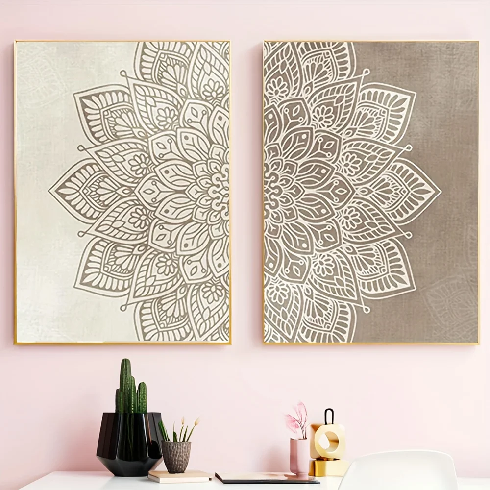 

2D Flat 2pcs Unframed Beige Taupe Mandala Wall Art Poster, Frameless Nordic Bohemian Style Canvas Poster for Living Room Decor