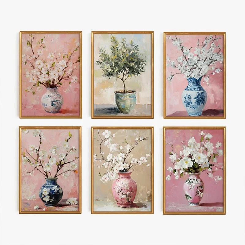 1pc frameless Canvas Painting Vintage Chinoiserie Flower Vase Poster Beautiful Pink Floral Botanical Canvas Painting Wall Art fo