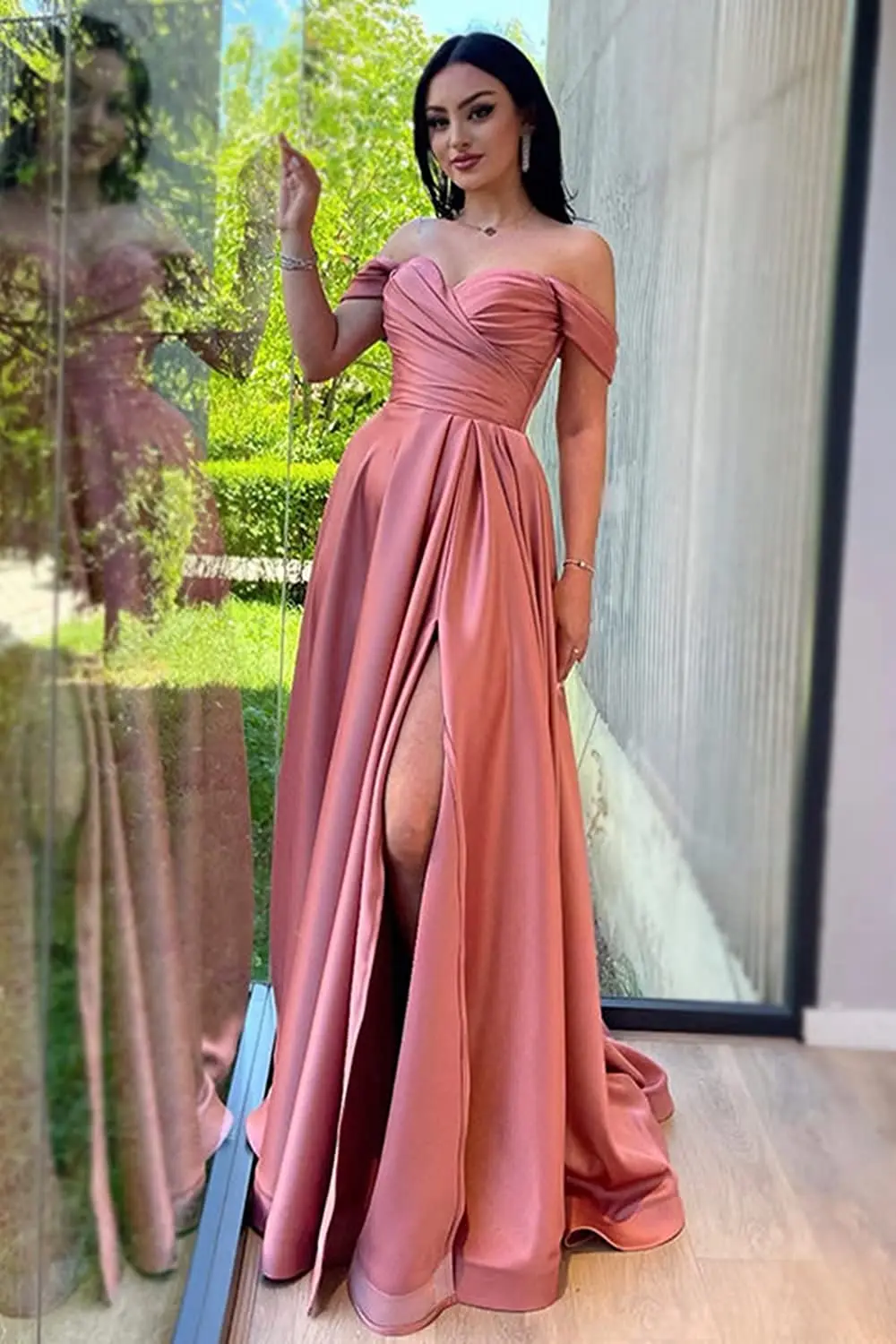 Customized Off The Shoulder Satin Sweetheart Neck Prom Dresses A Line Side Split Evening Party Dress for Women AE0820