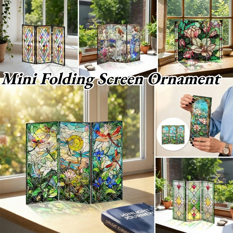 European Retro Flora Pattern Acrylic Screen Embossed Folding Screen Ornament Desktop Mini Ornament for Home Office Table Decor