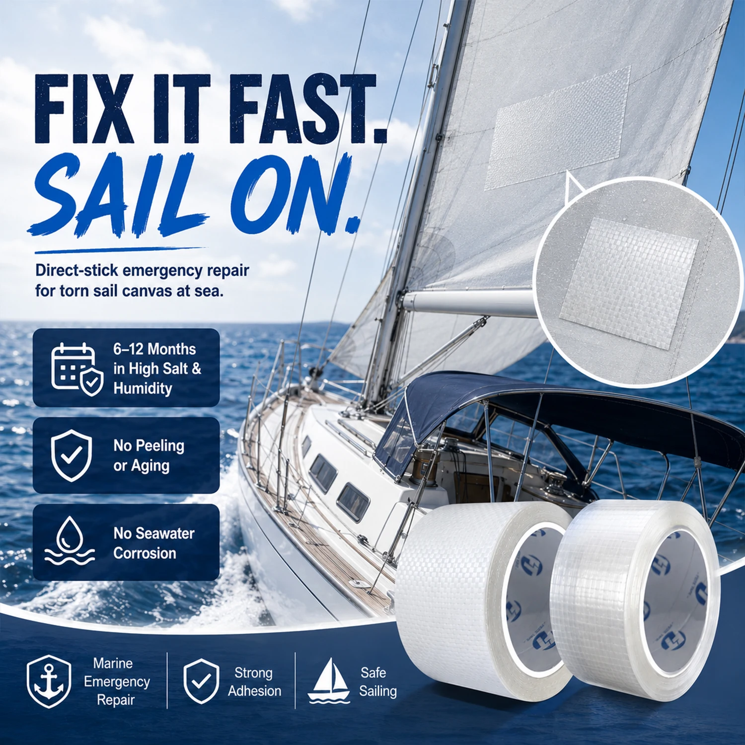 Reparaturband aus Segeltuch in Marinequalität, superstark klebend, wasserdicht, UV-beständig, für Bootssegel, Abdeckungen, robuste Reparatur von Rissen – Detail 2