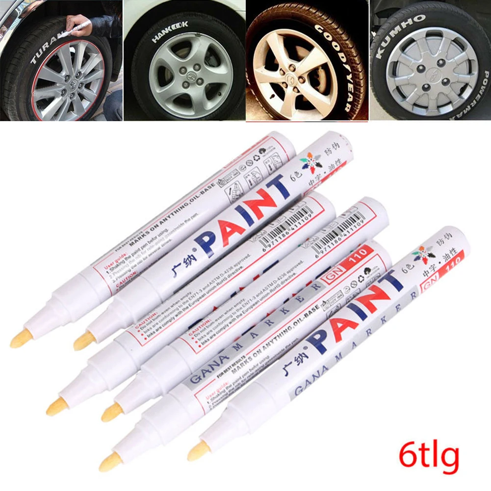 Waterproof 6PC Paint Marker Set for Tire Lettering Quick Drying Permanent Markers Ideal for Rubber Applications
