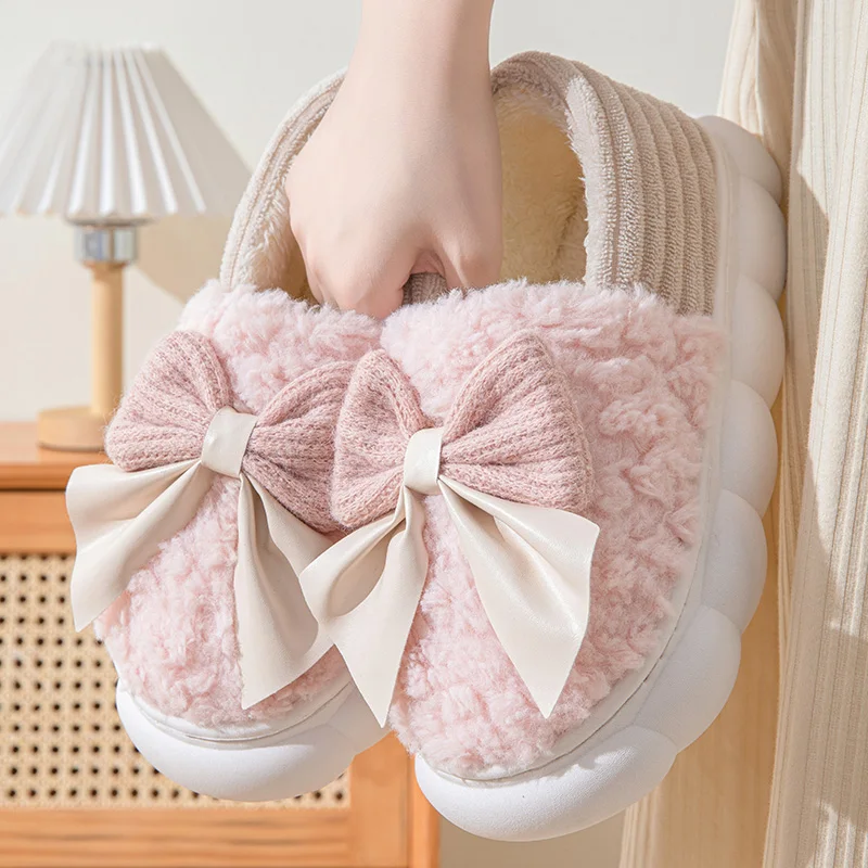 NONE Baumwollhausschuhe für Damen, Herbst und Winter, dicke Sohle, für den Innenbereich, warme Paare, Schuhe, Schleife, rutschfeste, flache Plattform, Damen-Slipper 3