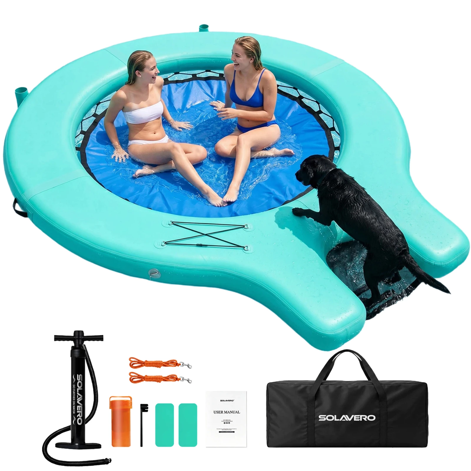 Inflatable Floating Dock with Boat Ramp, Mesh Water Hammock Lounger, 9.8FT Lake Float with Cup Holders, 3-4 Person Inflatable Platform for Pool, Sea, River, Party, Tanning, Pet-Friendly
