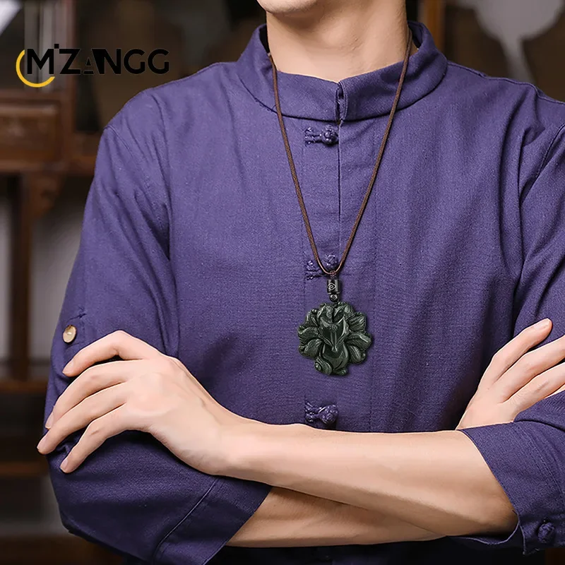 Naturalny Hetian Jade atrament Jade dziewięcioogoniasty wisiorek z lisem ręcznie rzeźbione wysokiej jakości biżuteria męska i damska Amulet na szczęście — zdjęcie 5