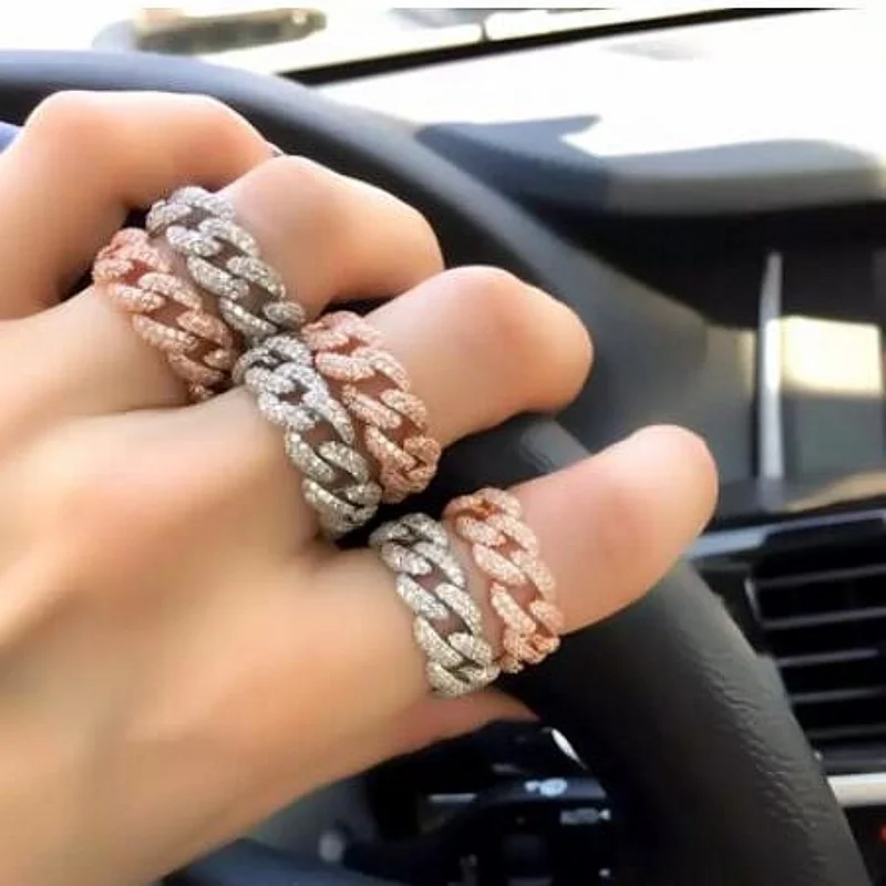 

Luxury Men's Cuban Link Rings S925 Sterling Silver Ice Out Pave Moissanite Statement Party Rings For Women men Hiphop Jewelry