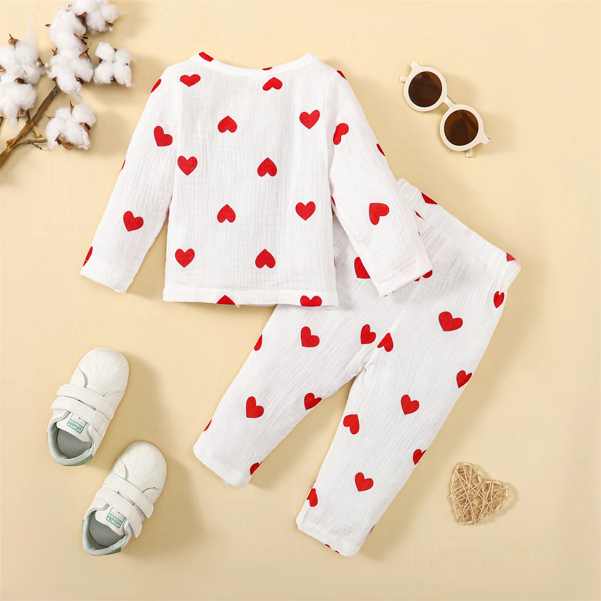 2PCS Infant Girl Clothes Set Heart Print Long Sleeved and Pants Cute Spring&Autumn Pajamas Outfit for Toddler​s Girl 3-24 Months