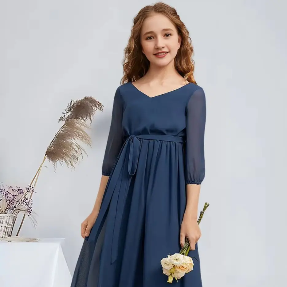 

CCA Child A-Line V-Neck Floor-Length Chiffon Junior Bridesmaid Dresses Navy Blue Gorgeous Flower Girl Dresses Party Wedding Kids