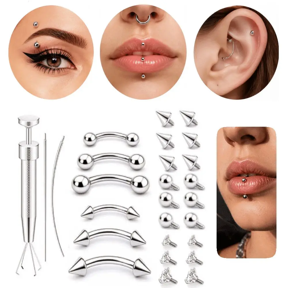 27/11/12Pcs Stainless Steel Eyebrow Piercing Jewelry Set with Tools Disposable Interchangeable Spike and Ball Set Rhinestone