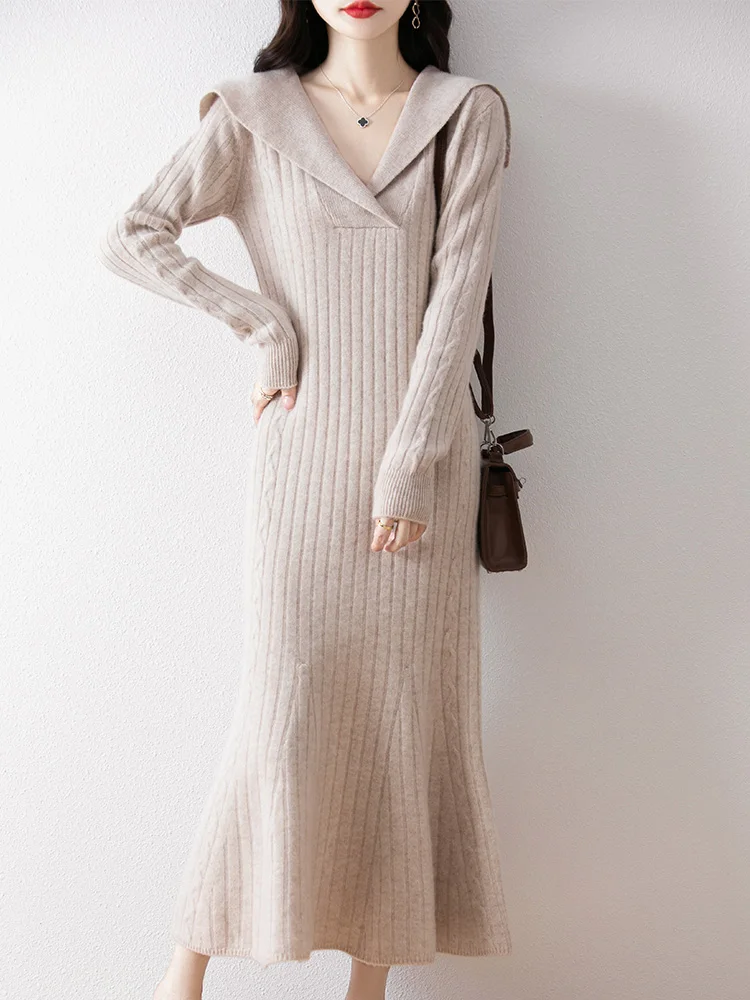 

Long Dress Women's 100% Merino Wool Pullover Sweater Sailor Collar Fishtail Skirt Simple Cashmere Dress Autumn Winter Versatile
