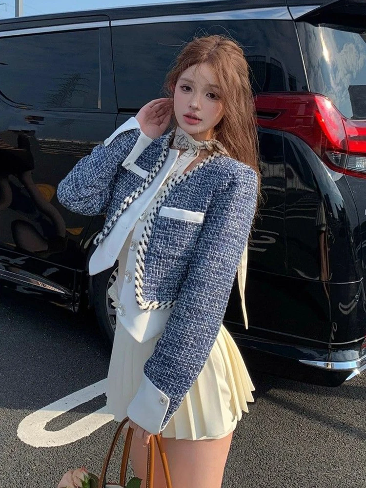 French Elegant Crop Jacket Women Fashion Button O Neck Patchwork Short Coats Blue Long Sleeve Office Lady Chic Female Outwear