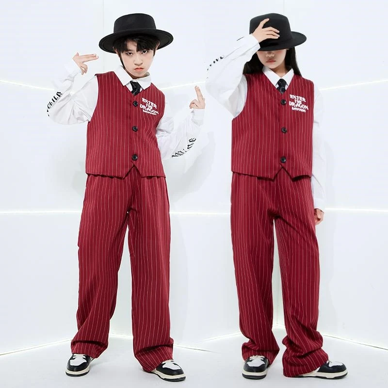 

Новый детский танцевальный костюм в стиле хип-хоп для мальчиков, барабан Поппин, уличная танцевальная одежда для девочек, концертная одежда для джаза, красный жилет, брюки BL14694