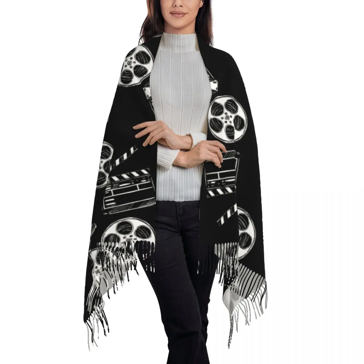 The End Movies Soft Camera Theater Scarf Tassel Scarves Women Soft Warm Shawls and Wraps Long Fall Winter Shawl Wrap