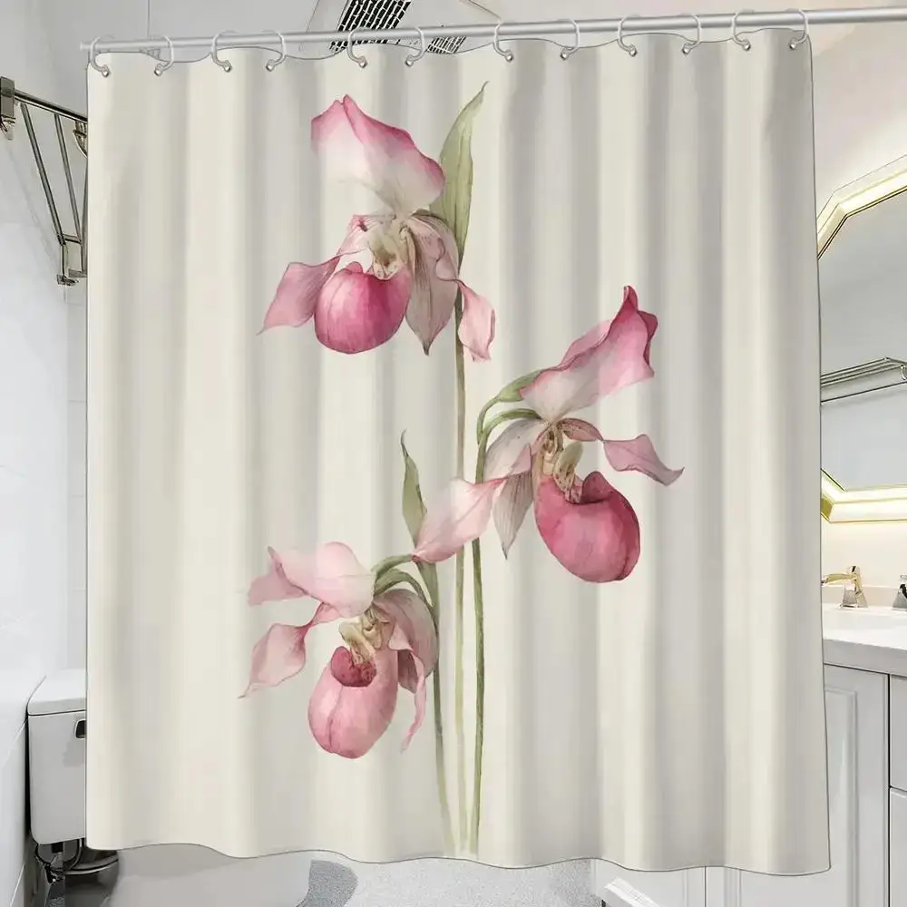 

Botanical Orchid Shower Curtain – Watercolor Pink Lady’s Slipper Flowers, 12 Hooks, 70.87×70.87" Waterproof Bath Decor