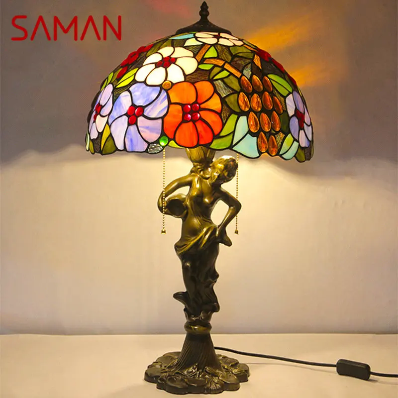 

SAMAN Tiffany Table Lamp LED Creative Exquisite Flowers Color Glass Desk Light Decor For Home Study Bedroom Hotel Bedside