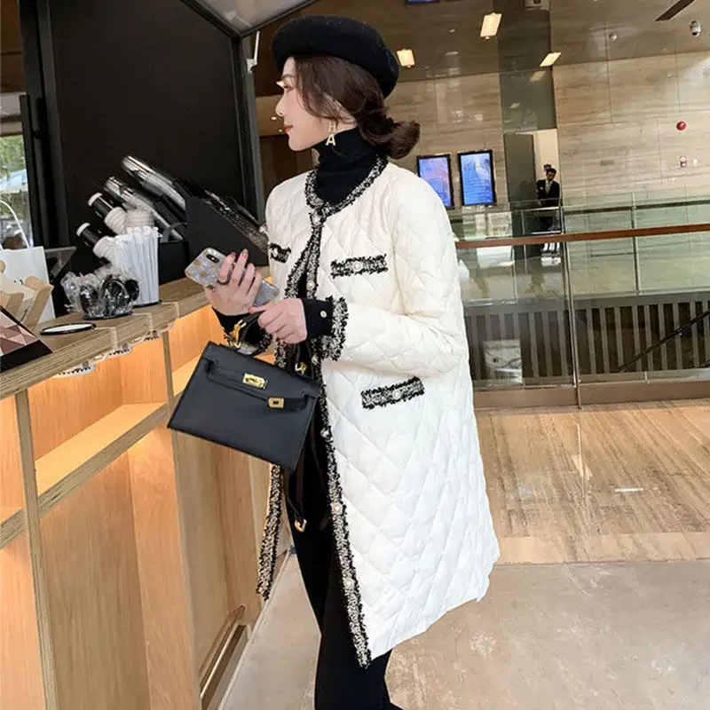 Women Elegant O Neck Button Lightweight Long Warm Outerwear Tassels Patchwork Female Black Padded Jacket 2021 Winter Wadded Coat