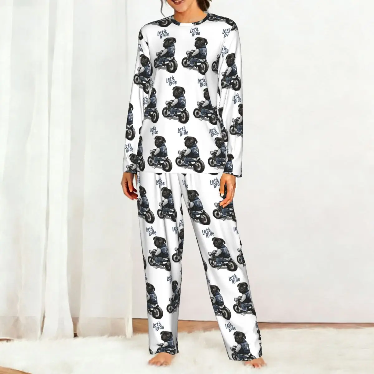 Let's Ride Motorcycle Black Pug Dog xdvsd Round Neck Long Sleeve Nightgowns for Sleepshirts Women Soft Pajama Set Long Pants