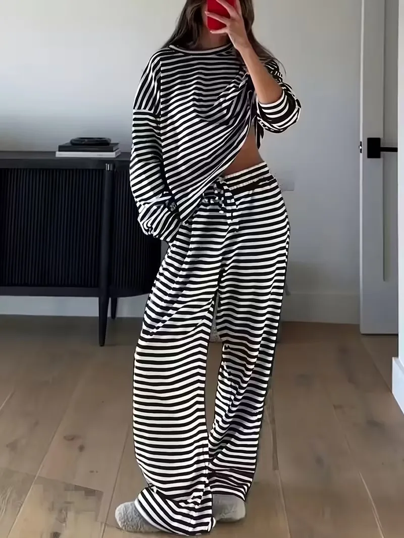 2026 Autumn Winter New Women Striped Round Neck Loose T-shirt High Waist Long Pants 2 Piece Set Casual Daily Outfit Suit view 2