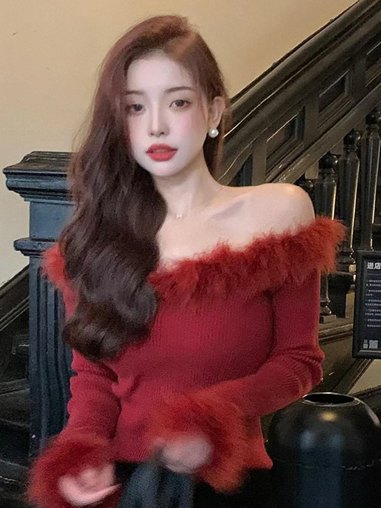 

Вязаный свитер на одно плечо с бисером, женский осенне-зимний свитер Faion Aosphere Feeling Long Sve Top Ci Walk Sle Clean Fit