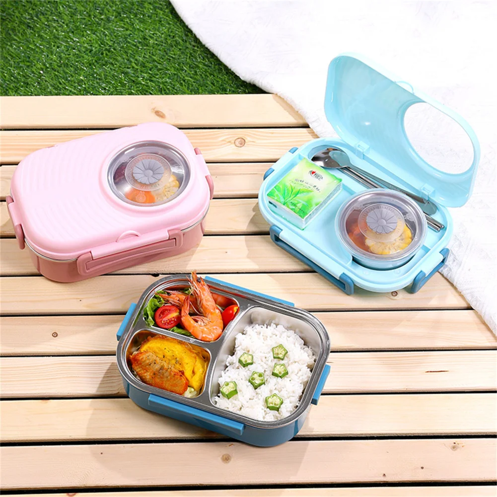 Portable Bento Box, 3 Compartment Stainless Steel Lunch Box With Chopsticks And Spoon, Office Leak Proof Double-layer Bento Box