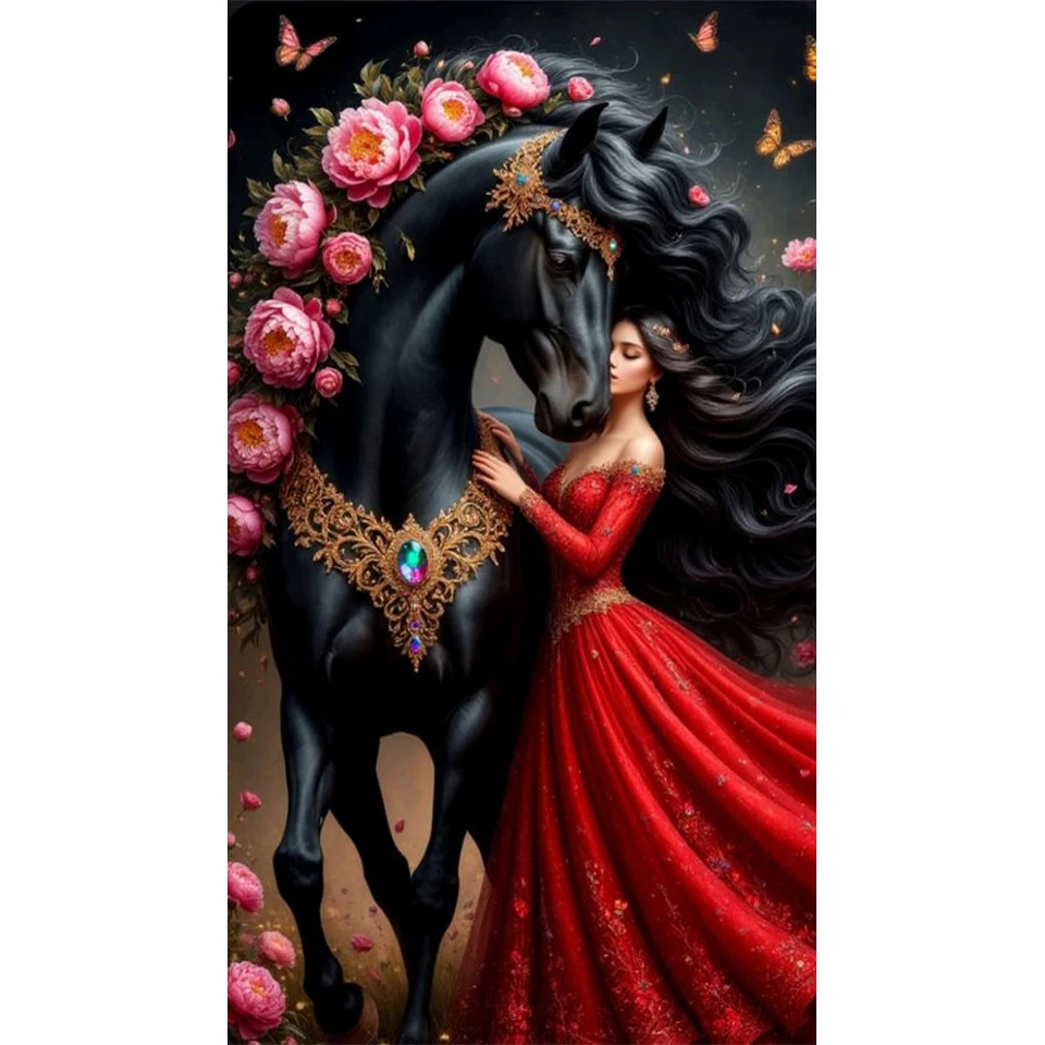 لوحة ماسية ذاتية الصنع سلسلة جديدة للنساء والخيول الذهبية السوداء صور حيوانات فسيفساء كاملة طقم تطريز متقاطع للديكور #3