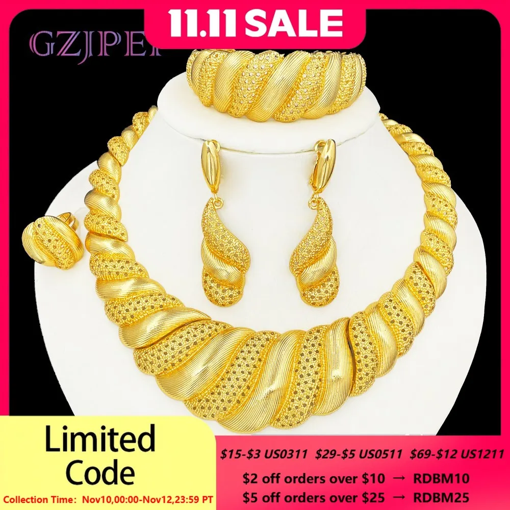 

GZJPEI 2025 New Design Jewelry Set Indian Gold Plated Big Necklace Open Cuff Bracelet Long Drop Earring For Dubai Wedding Gifts