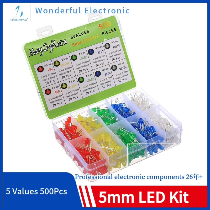 5 Colors 500 pcs 5mm LED Diode Lights Assored Kit Pack Bright Lighting Bulb Lamps Electronics Components 5 mm Light Emitting Dio