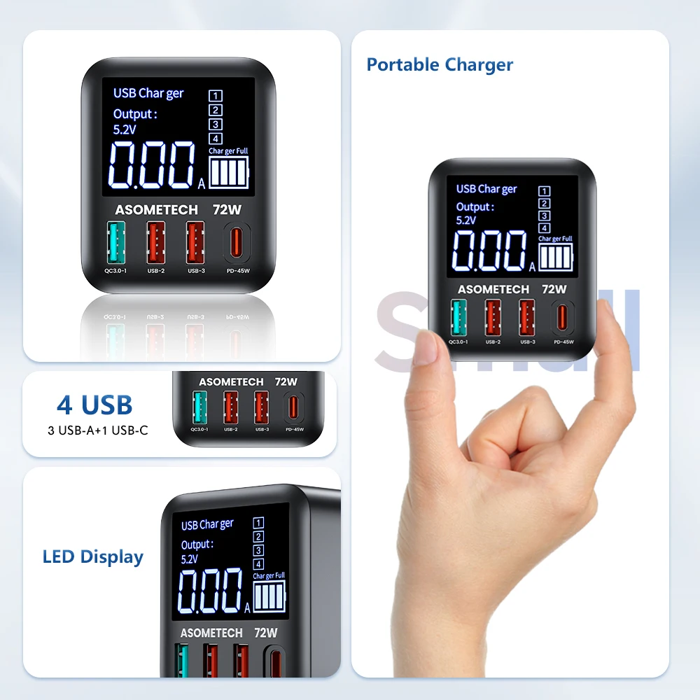 ASOMETECH 72W GaN شاحن USB 4 منافذ مع شاشة LED QC3.0 PD3.0 PPS 45W USB C شاحن سريع آيفون 16 آي باد سامسونج شاومي