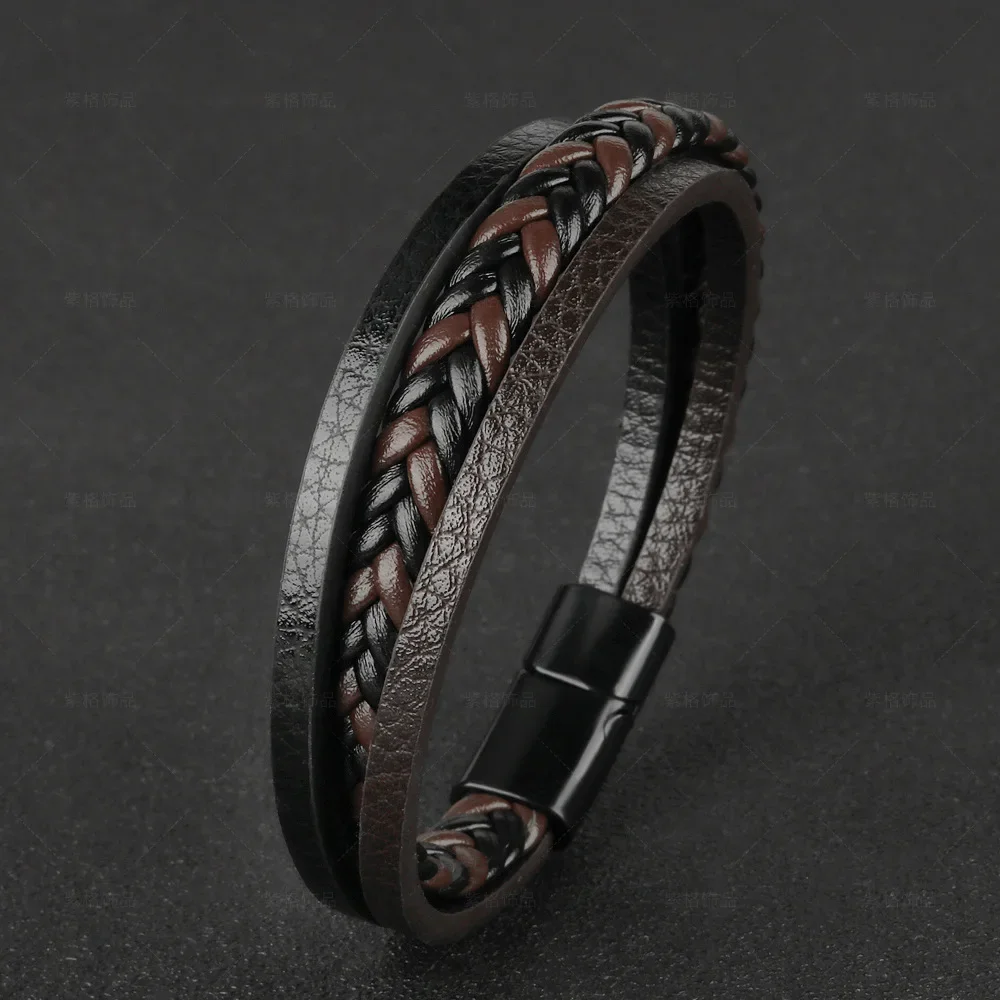 Charmsmic Vintage Tone Mens Brown Leather Bracelet & Bangles Alloy Magnetic Clasp Simple Design Multilayer Hand Jewelry