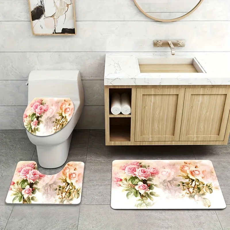 Beautiful Flowers Luxury Bathroom 3Pcs/set Mat Home Warm Flannel Decoration and Accessories Floor Rug Toilet Cover 40*60/50*80CM