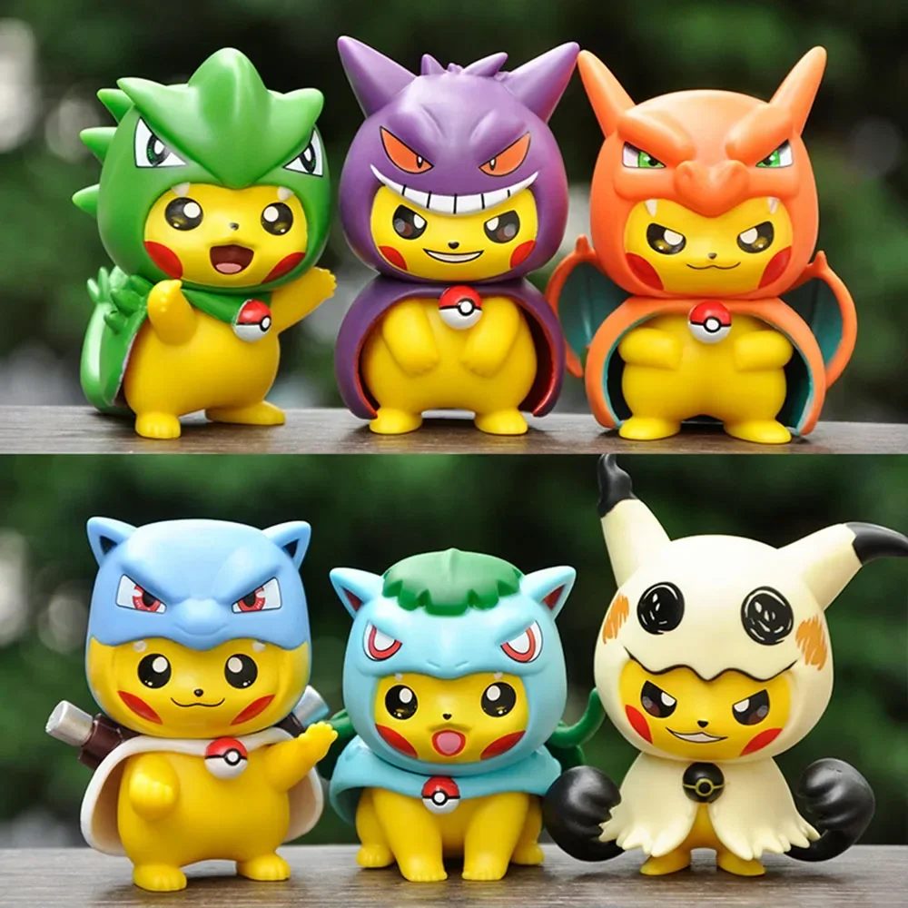 6Pcs/Lot Pikachu Cos Charizard Anime Figures Kawaii Statue Model Doll Collectible Ornament Toy