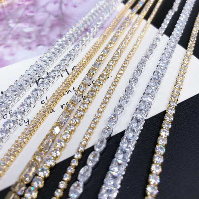 Sparkling Rectangle Square Zircon Crystal Chain Silver Base Dense Zirconia Jewelry Trim For Nail Art Necklace Clothes Decoration