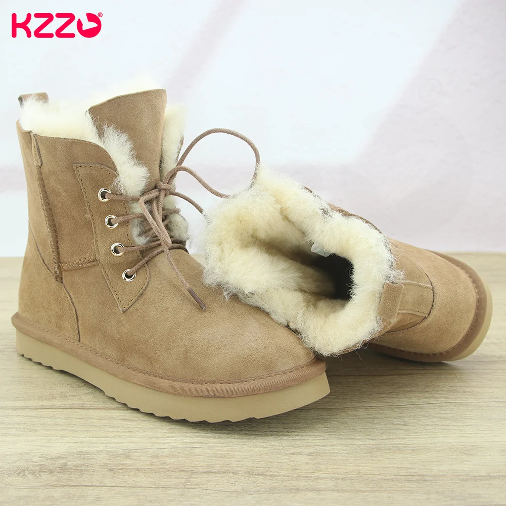 KZZO Women New Fashion Short Casual Lace-up Snow Boots Real Sheepskin Suede Leather Natural Wool Fur Lined Winter Warm Shoes