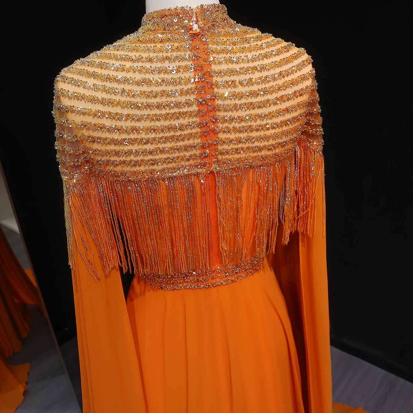 شارون سعيد دبي فساتين سهرة برتقالية فاخرة بأكمام كيب طويلة للنساء لحفلات الزفاف فساتين حفلات عربية SF339 مخصصة