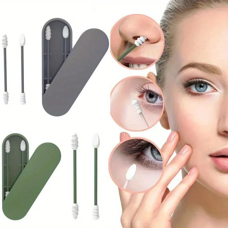2pcs Reusable Silicone Double-headed Soft Ear Swabs with Portable Case for Ear Cleaning and Makeup Application Removal