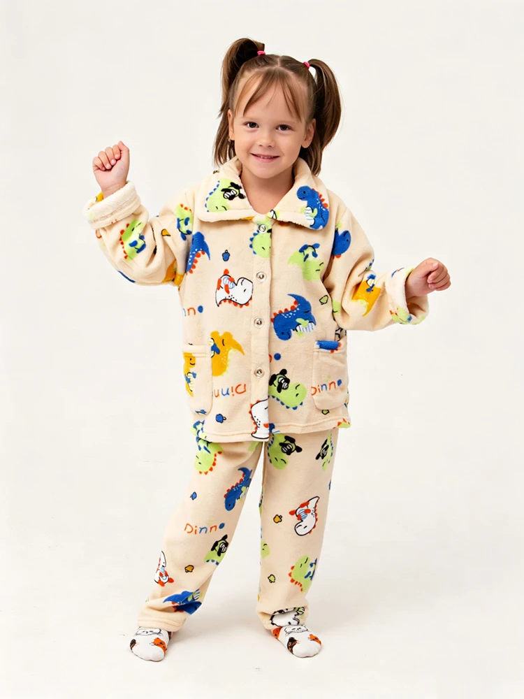 2026 Herbst Winter Kinder Coral-Fleece Schlafanzug-Sets Baby Jungen Mädchen Dinosaurier-Druck Langarm Warme Bequeme Nachtwäsche – Detail 1