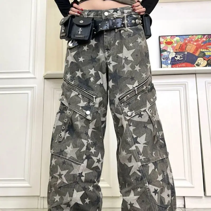 

Y2k Spicy Girl Retro Camouflage Cargo Pants Women's Loose Straight Leg Trousers with Pockets High Waist Zipper Decorated Jeans