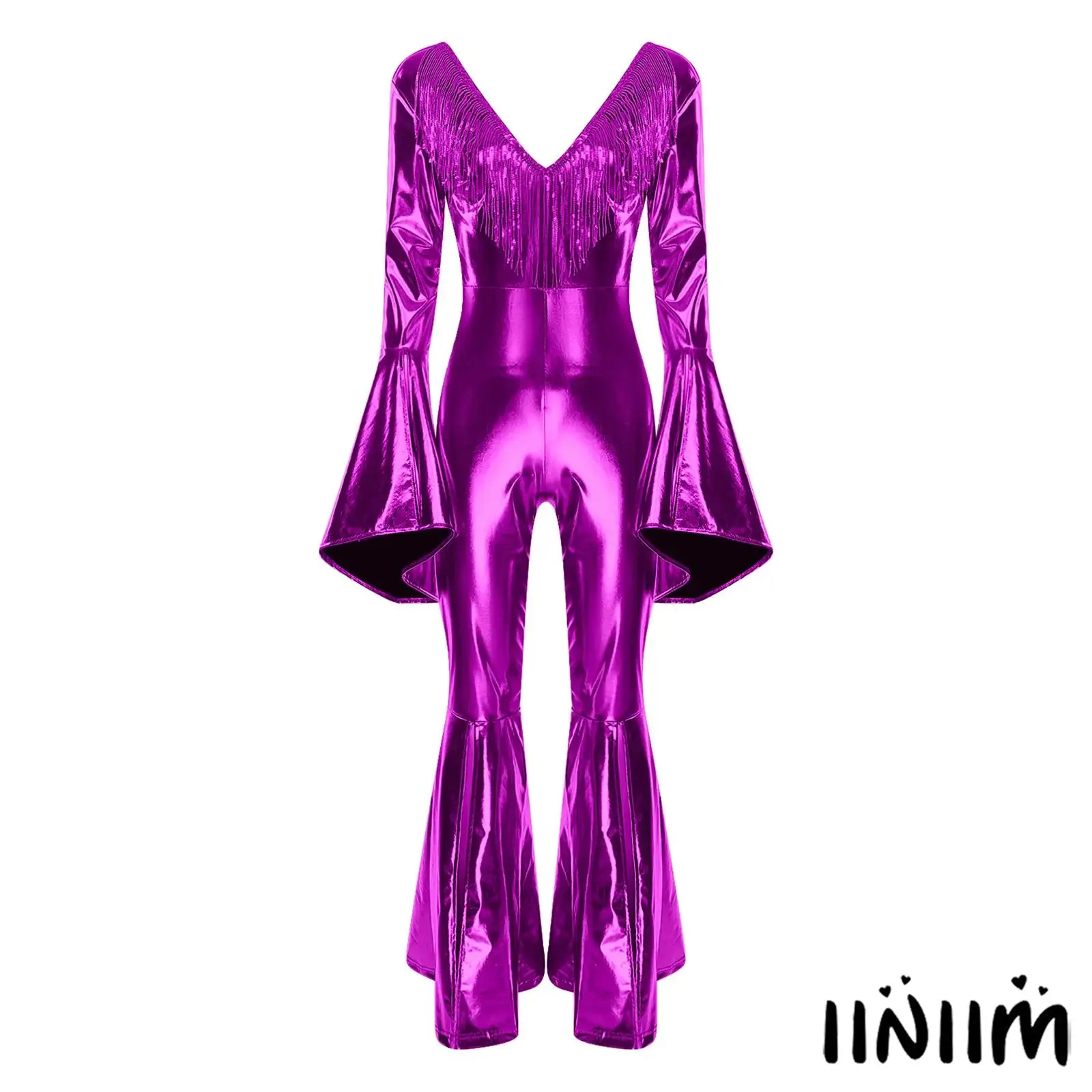 

Womens 80 90s Jazz Disco Metallic Jumpsuit V Neck Sequin Tassel Backless Flared Cuffs Legs Bodysuit Rompers for Rock Music Party