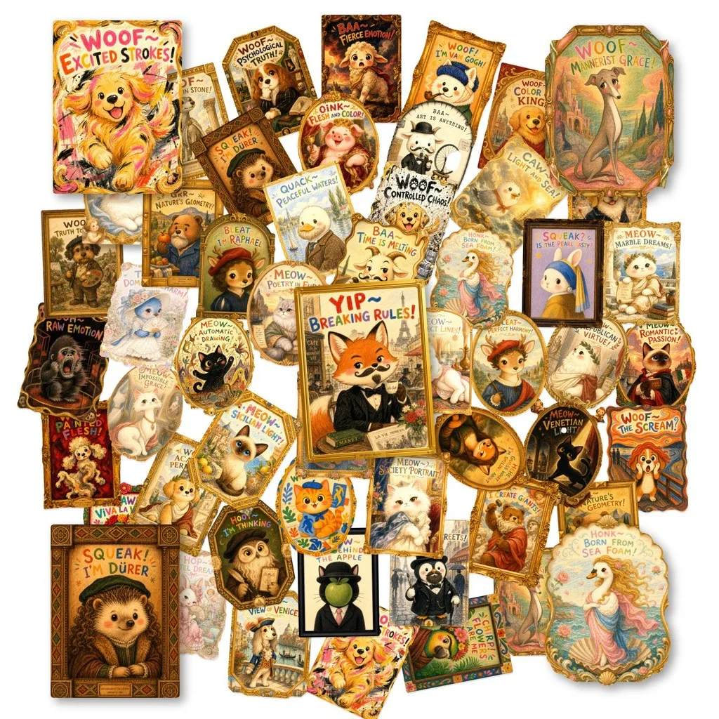 50Pcs Cartoon Pet Retro Famous Painting PET Clear Stickers, Cute Cat Dog Doodle Transparent Decals Golden Memory Stickers Store