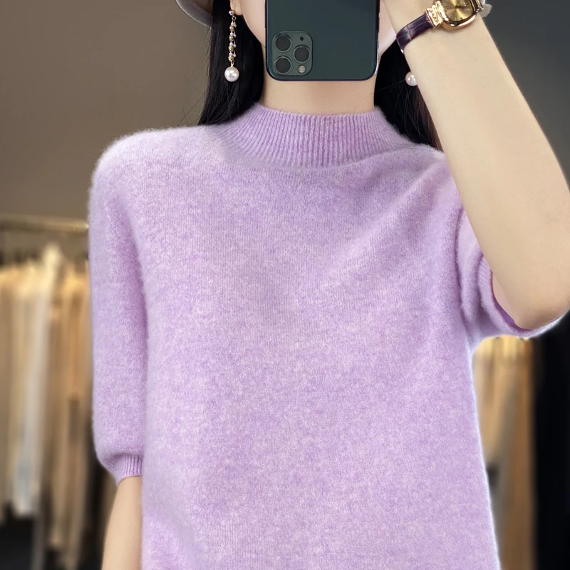 Spring and summer new first-line ready-to-wear 100% sweater ladies half-high collar five-point sleeves solid color short sleeves
