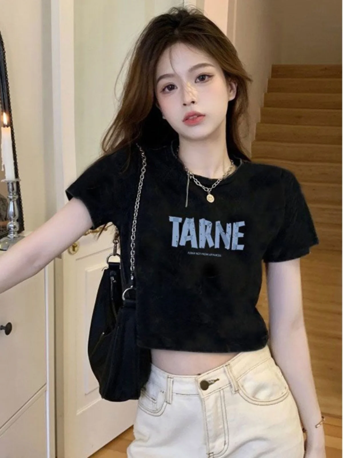 

Bla High-Waist Slim Fit ort Sve T-irt Women's Summer Belly Button Baring Casual Sle Cotton Polyester Blend