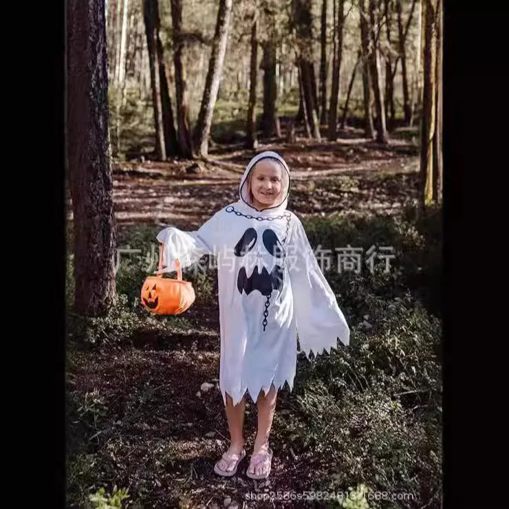 Halloween White Ghost Costume for Girls Glow In The Dark Cloak with Hood Children Elf Cosplay Cape for Party