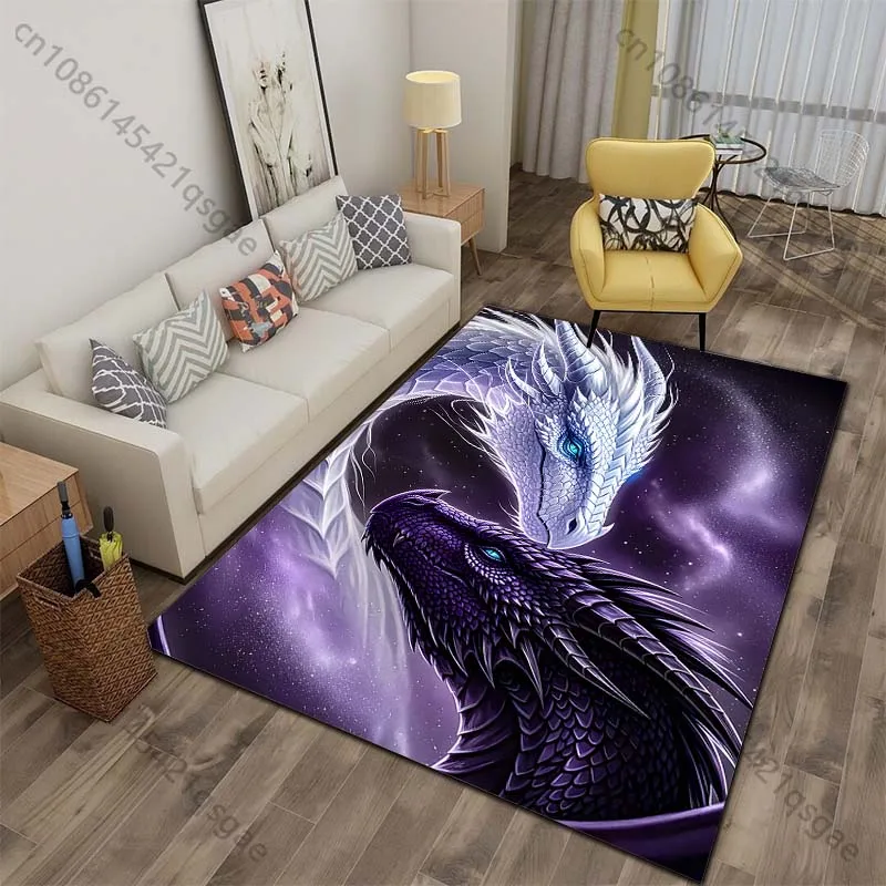Multiple sizes White black dragons cosmic embrace Print Carpet for Living Room Bedroom Sofa Home Decor Non-slip Mat Luxury Gift