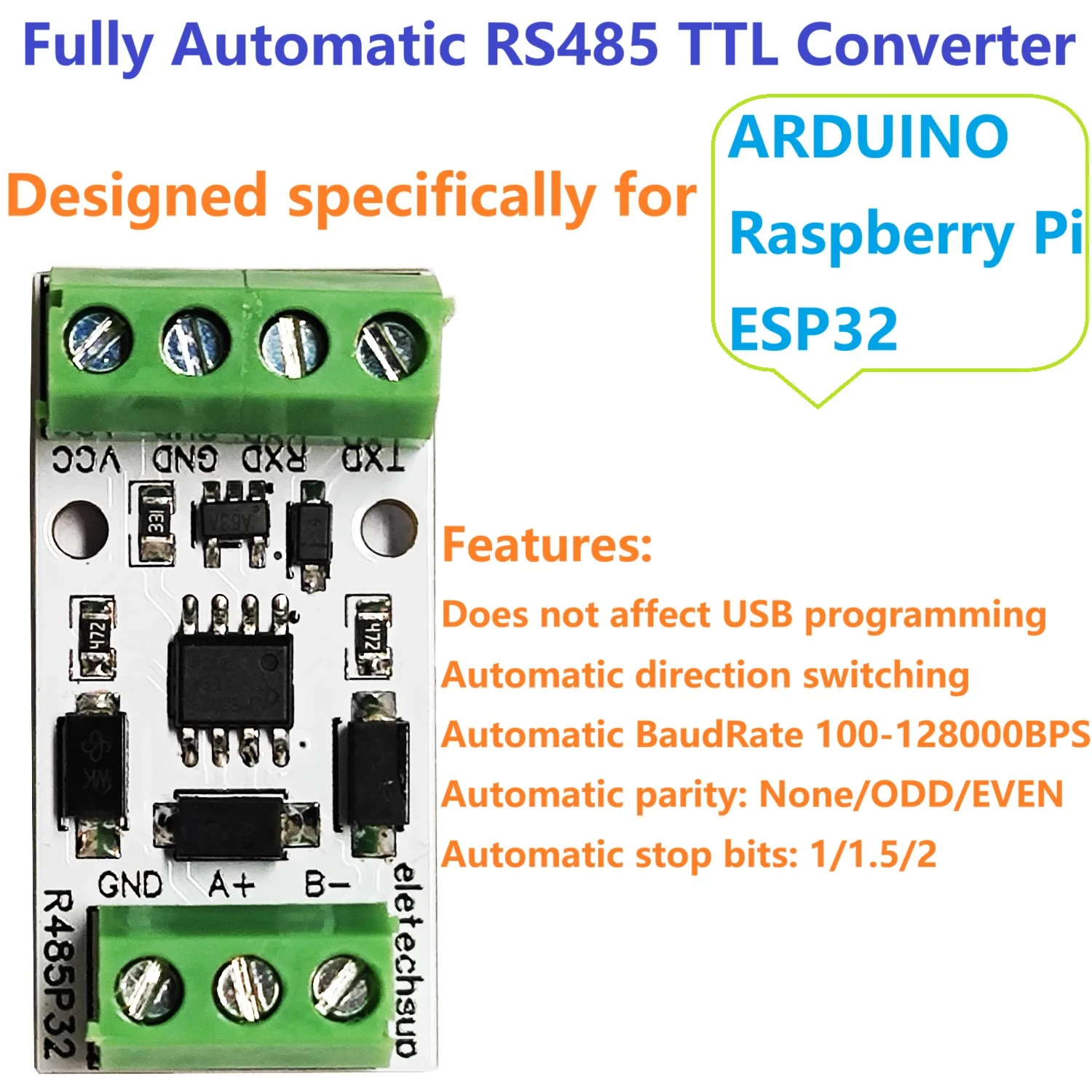 UART RS232 TTL to RS485 Auto Converter Module Serial Signal Extender for Arduino ESP32 Raspberry Pi