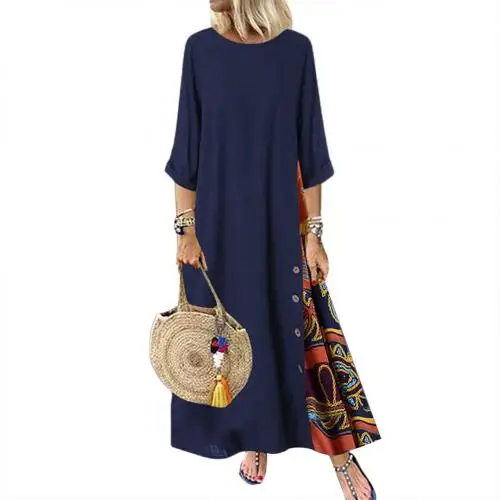 Loose Dresses Women Vintage O Neck 3/4 Sleeve Side Buttons Printed Mom Loose Long Dress Robe Femme Vestidos