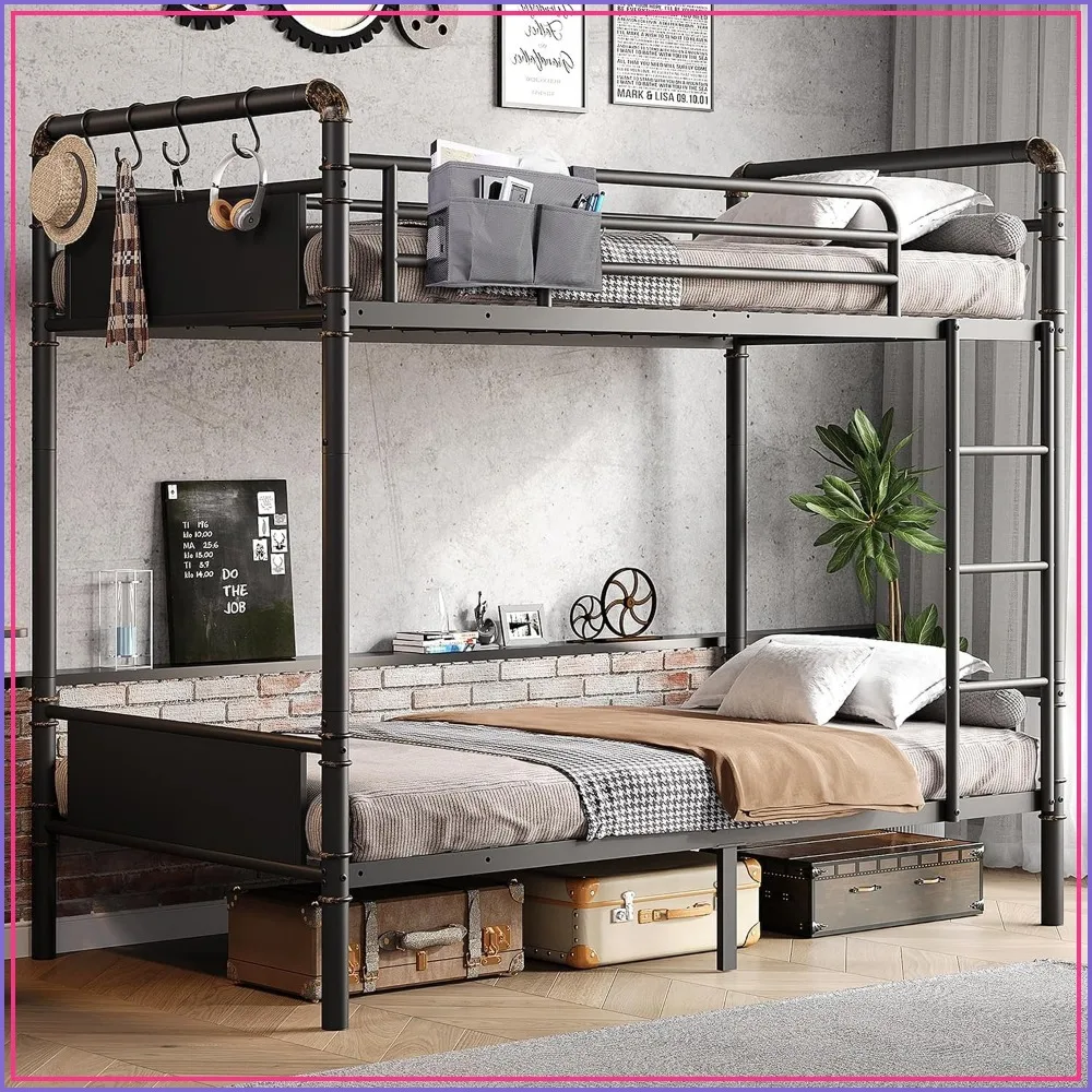 Metal Bunk Bed Twin Over Twin, Industrial Heavy Duty Steel Frame, Safety Guard Rails, Black