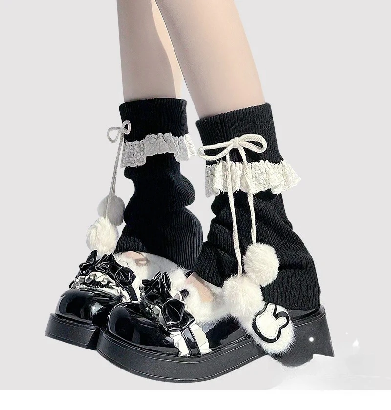 

Autumn Winter Lolita Medium Tube Knitted Socks Christmas New Year Cute Lace with Hairball Leg Guards Sweet Stacking Socks Women