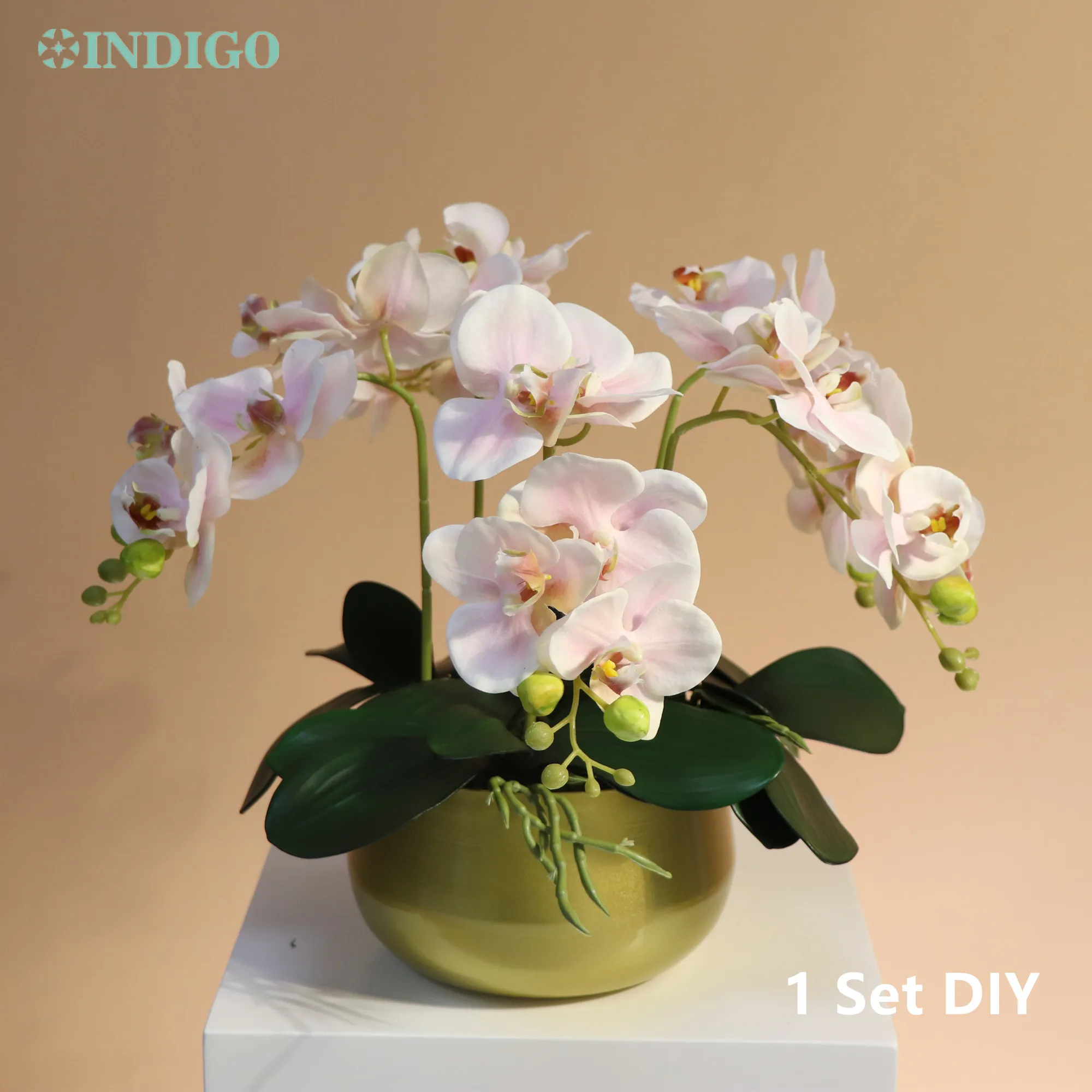 INDIGO-Pink Orchid Flower Arrangment, DIY (Flower +Leaf+ Moss + Vase) Phalaenopsis, Christmas Decoration, Centerpiece